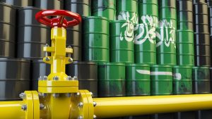 Oil pipe line valve in front of Saudi Arabia flag