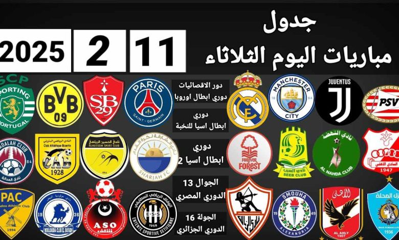 مباريات اليوم الثلاثاء11 فبراير 2025 والقنوات الناقله 